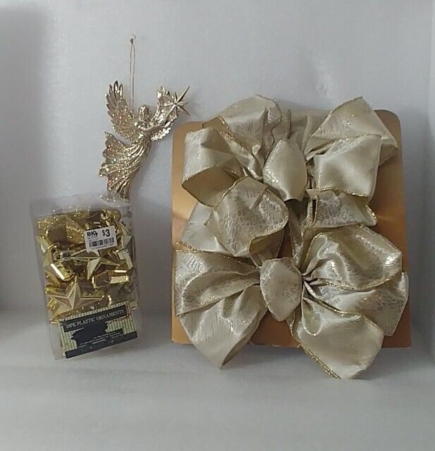 Gold Cream Wired Edge Ribbon Plastic Star And Hanging Angel Ornament Lot