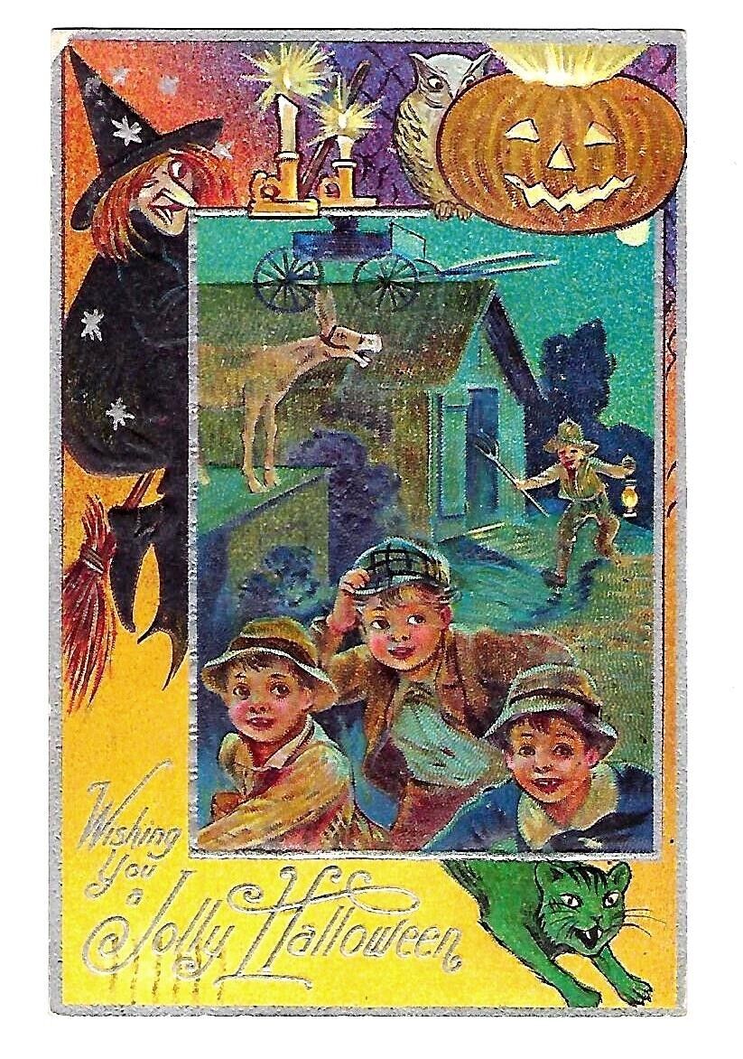 c1912 Nash Halloween Postcard Boys Scared, Witch Donkey, Green Cat