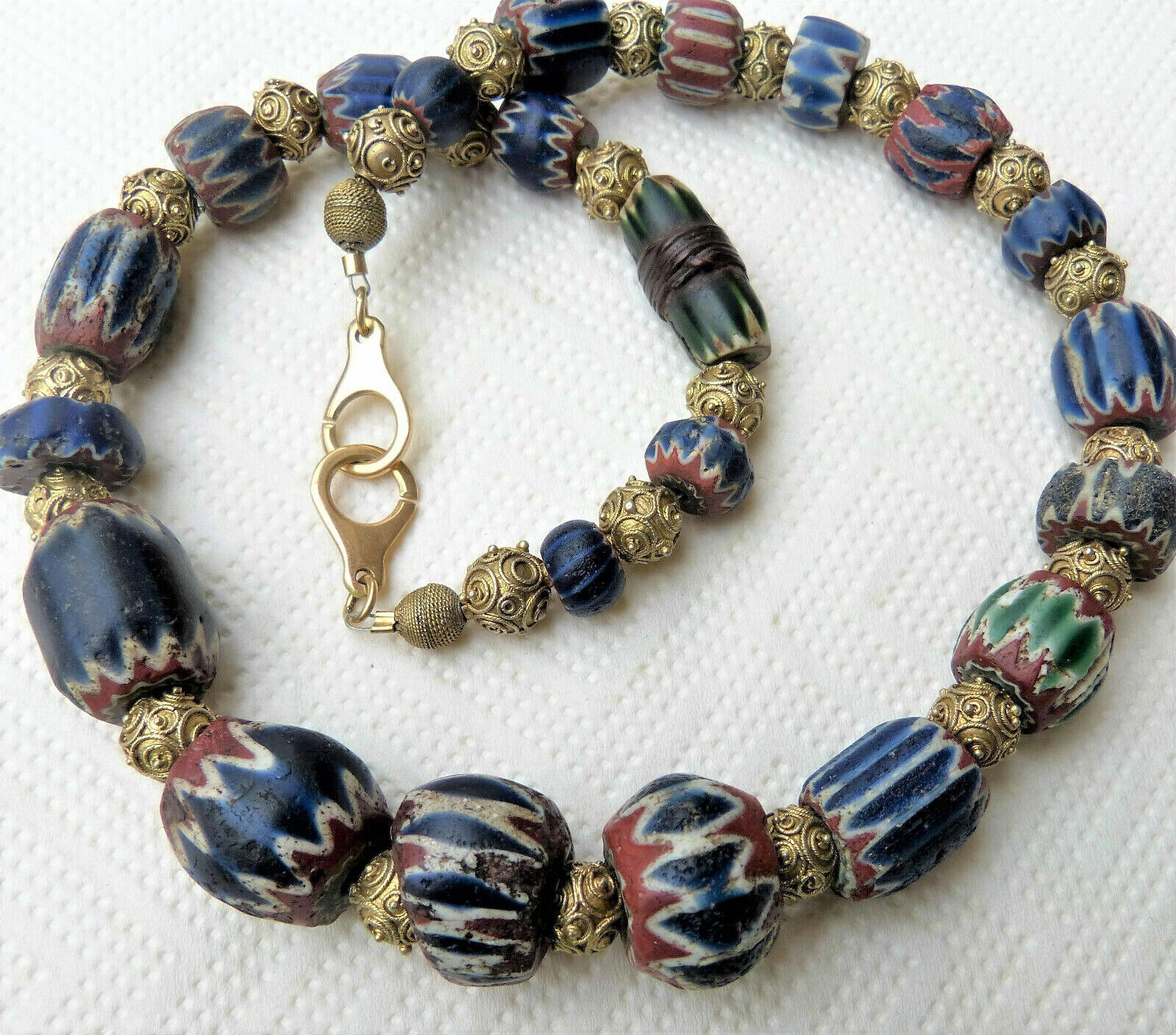 Ancient Venetian 7L Green and Blue Chevron Beads Necklace, 18K Gold Clasp
