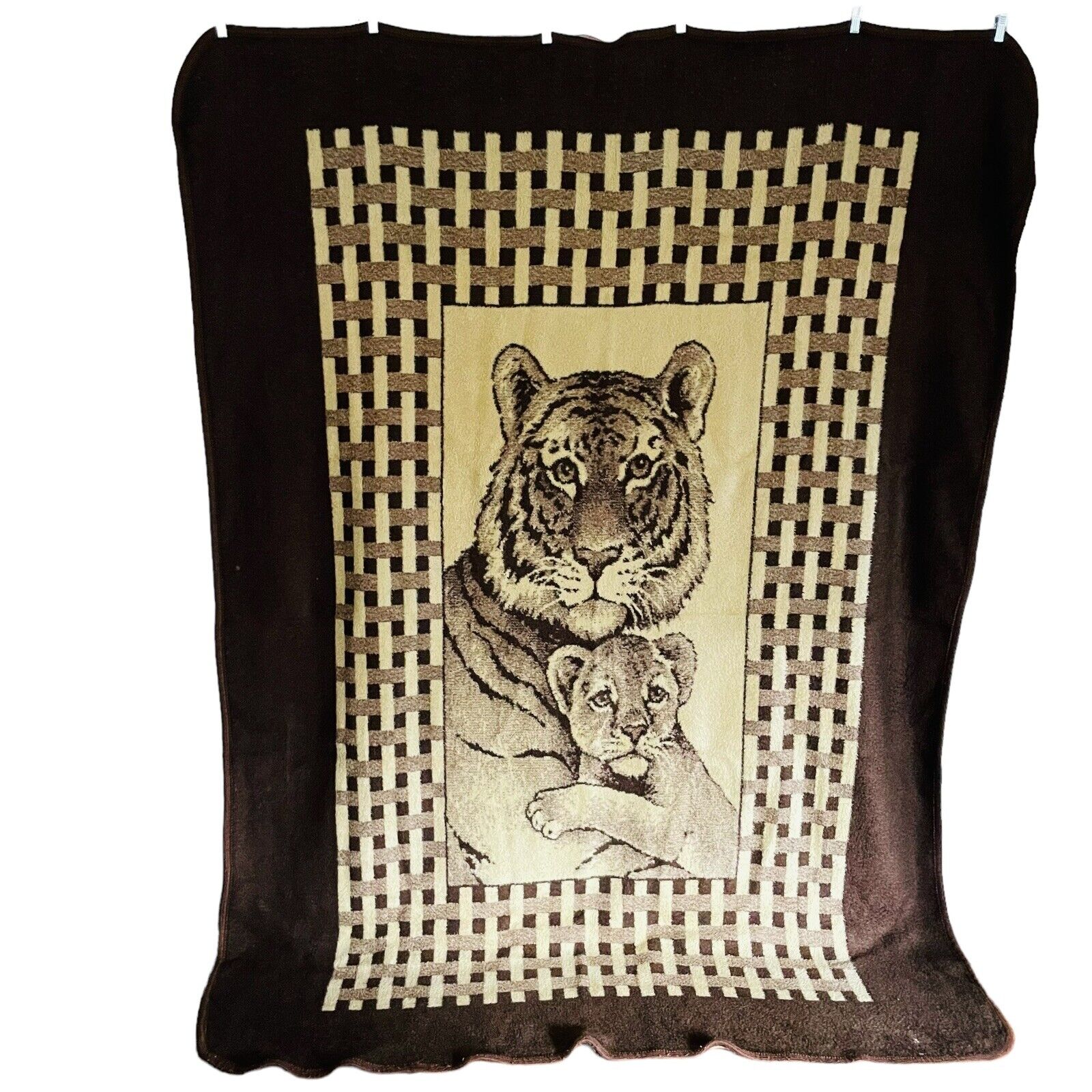 Vintage San Marcos Reversible Blanket XL Tiger & Cub Brown Tan 67x92.5 Mexico