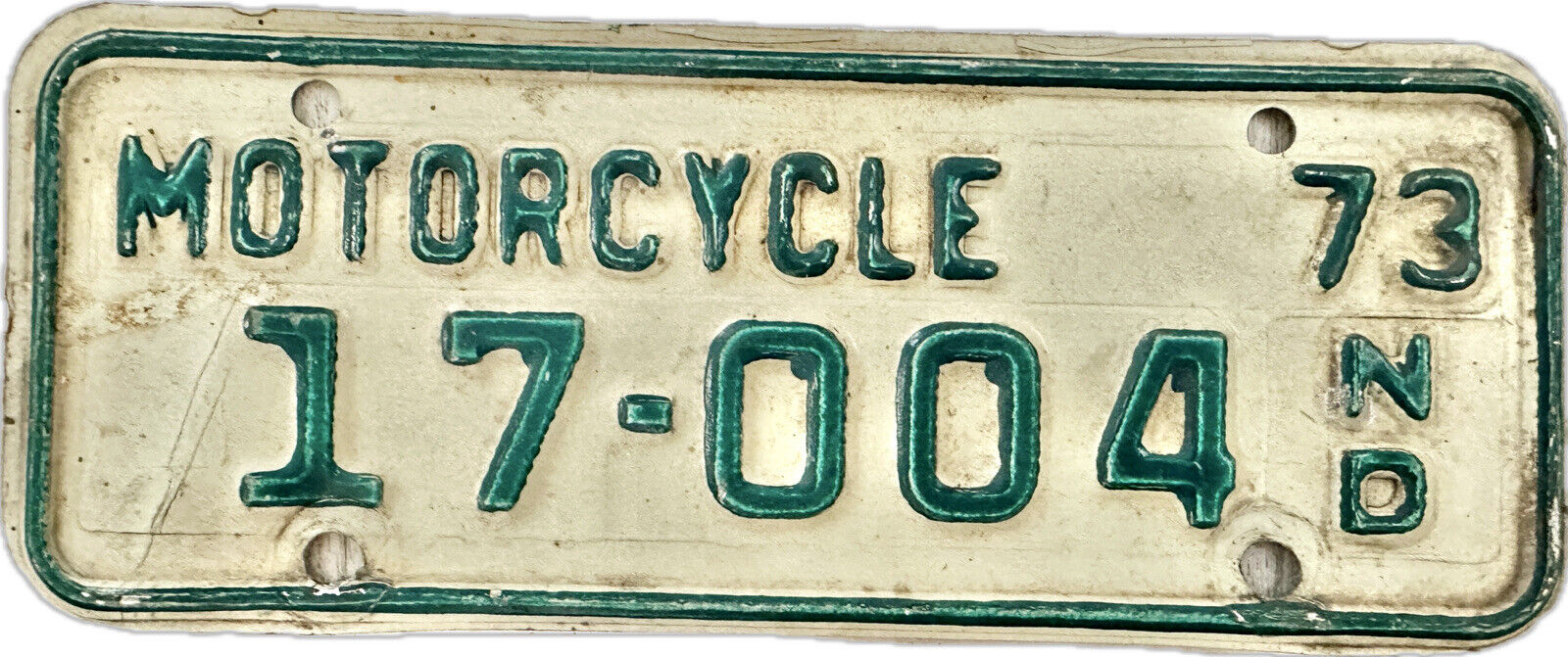 Vintage 1973 North Dakota Motorcycle Plate Green On White No. 17-004