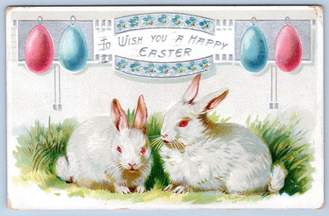 1910 TUCK'S HAPPY EASTER PINK & BLUE EGGS BUNNY RABBITS LIGHT EMBOSSING POSTCARD