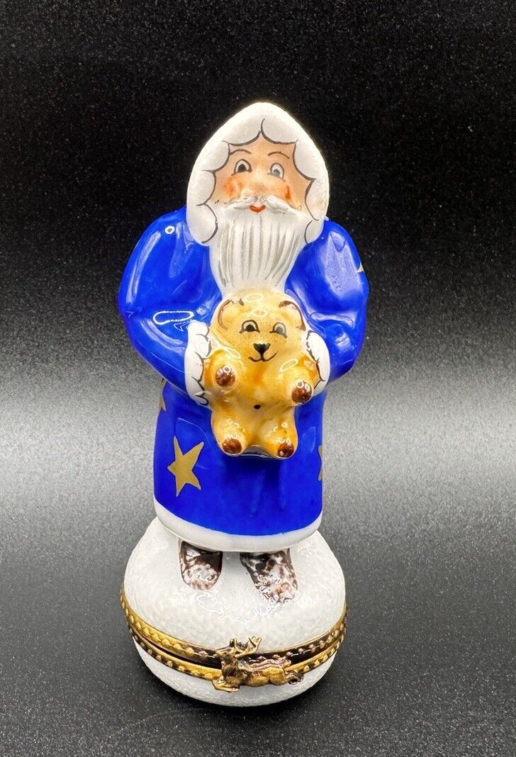 Limoges France Blue “Old World Santa with Bear” Porcelain Trinket Box LTD 9/50