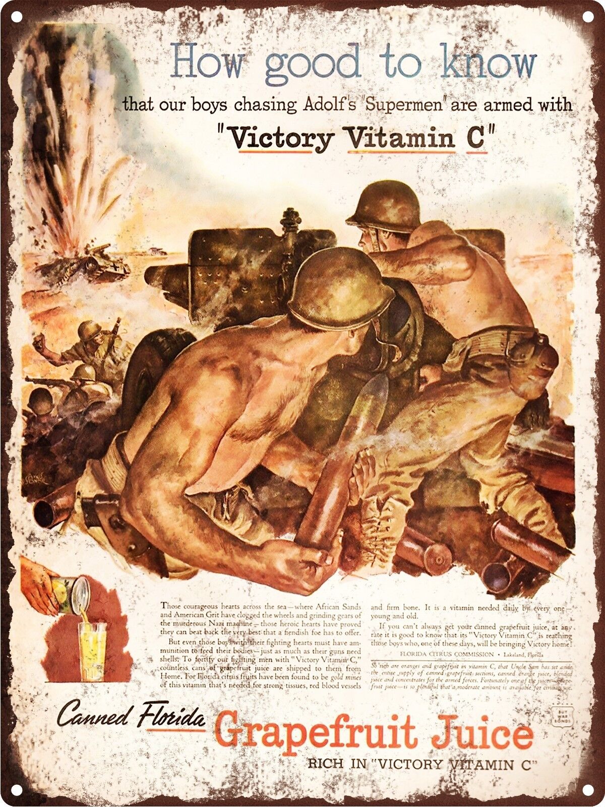 1943 Florida Grapefruit Juice Vitamin C WWII Metal Sign Repro 9x12\