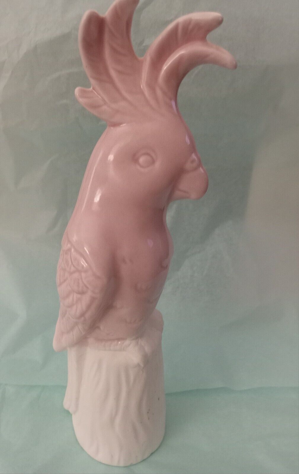 Pink Cockatoo Figurine On a White Tree Stump Glazed Cocatiel Parrot Bird Vintage