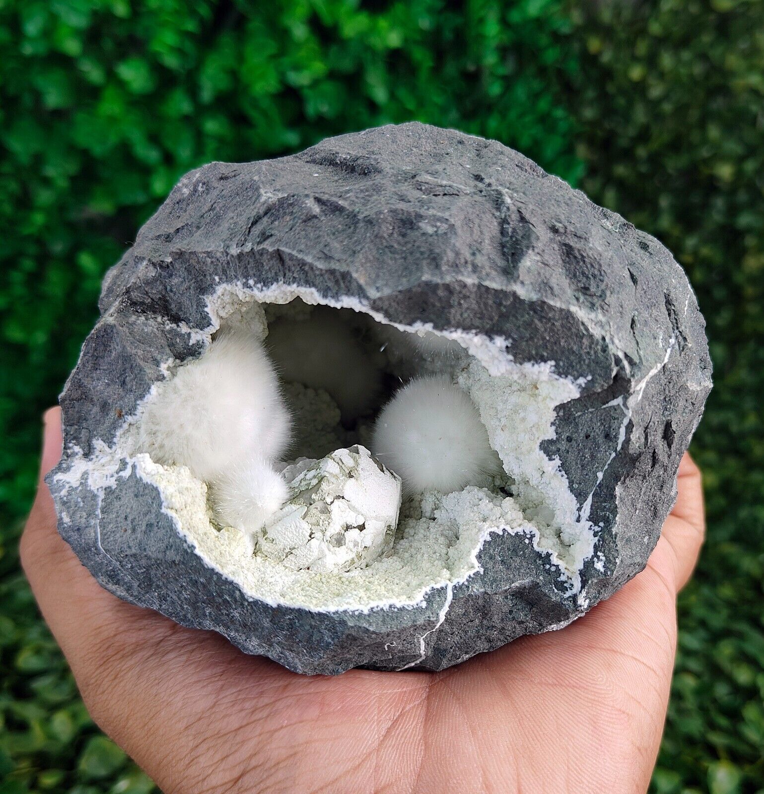 Amazing Natural Okenite Balls with Calcite in Geode Mineral Specimen #E8