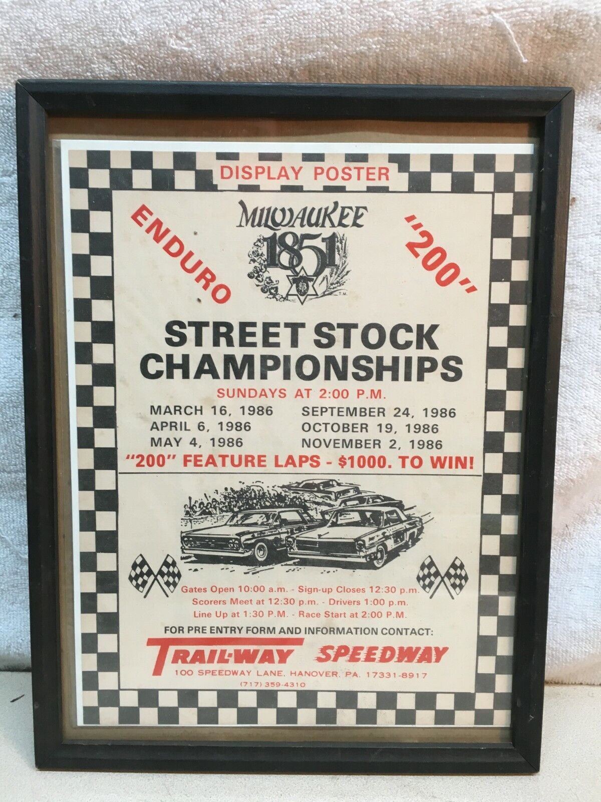 Vintage 1986 Milwaukee Street Stock Drag Race Champion Poster in Frame 13in x 9.