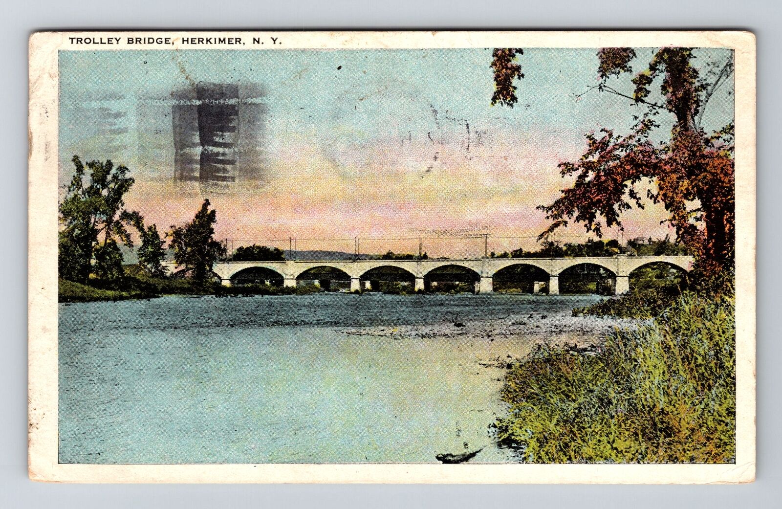 Herkimer NY-New York, Trolley Bridge, Antique Vintage c1927 Souvenir Postcard