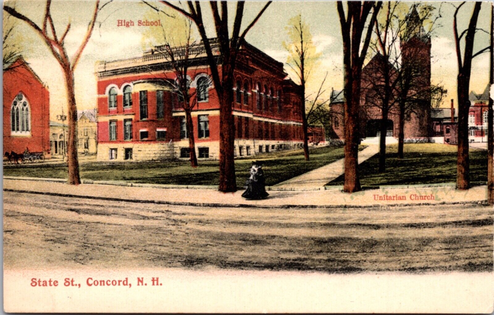 Postcard State Street, High School, Unitarian Church in Concord, New Hampshire