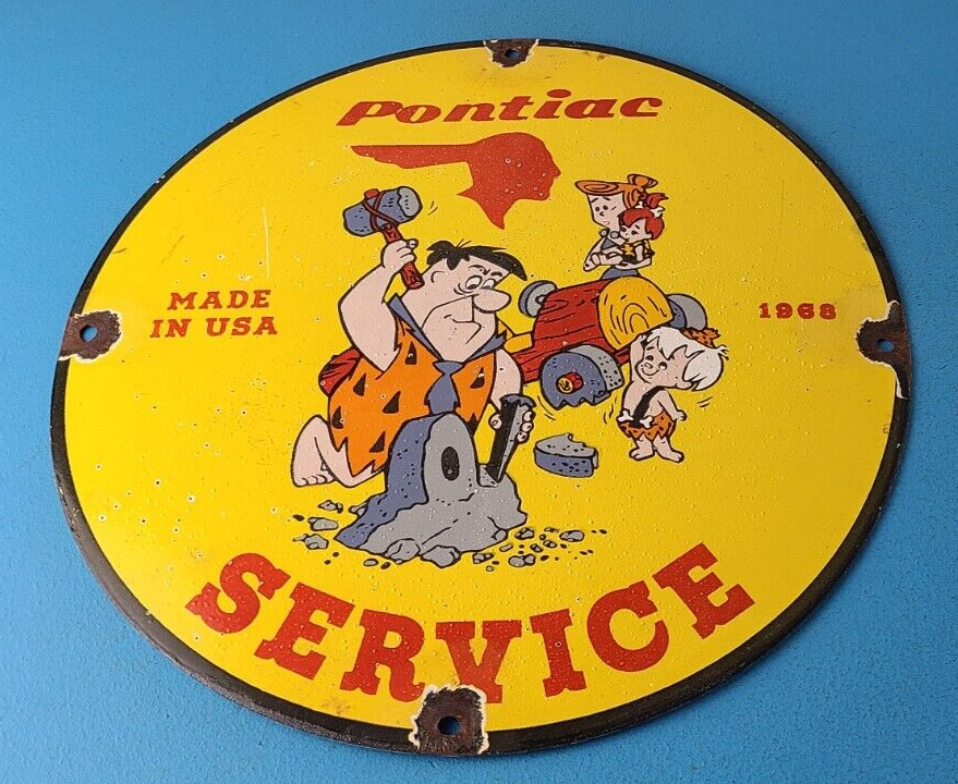 Vintage Pontiac Automobiles Sign - Flintstones Cave Man Porcelain Gas Pump Sign