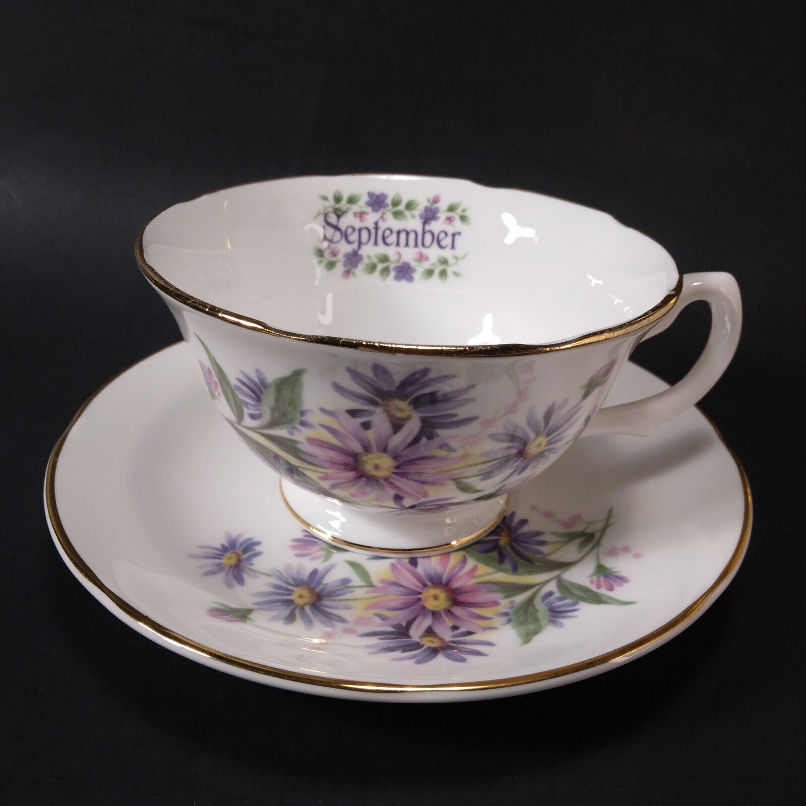 Vtg September Royal Grafton England China Teacup & Saucer Purple Aster Floral