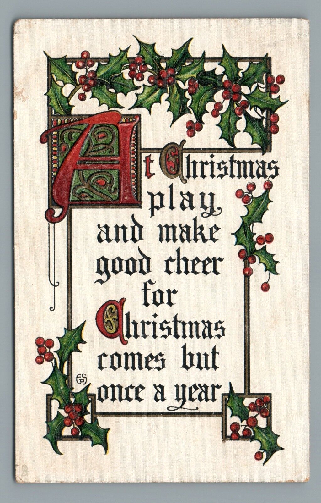 Tuck's Post Card Christmas Poem Holly Motto Embossed Postcard Posted 1914