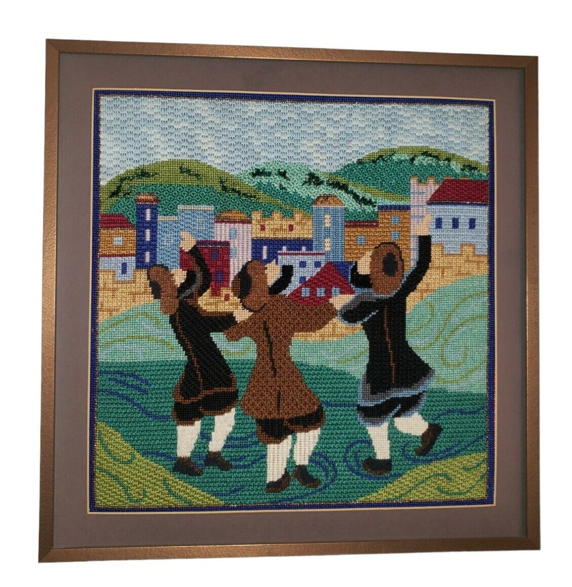 Stunning Three Hasidic Men Dancing Completed Needlepoint Framed