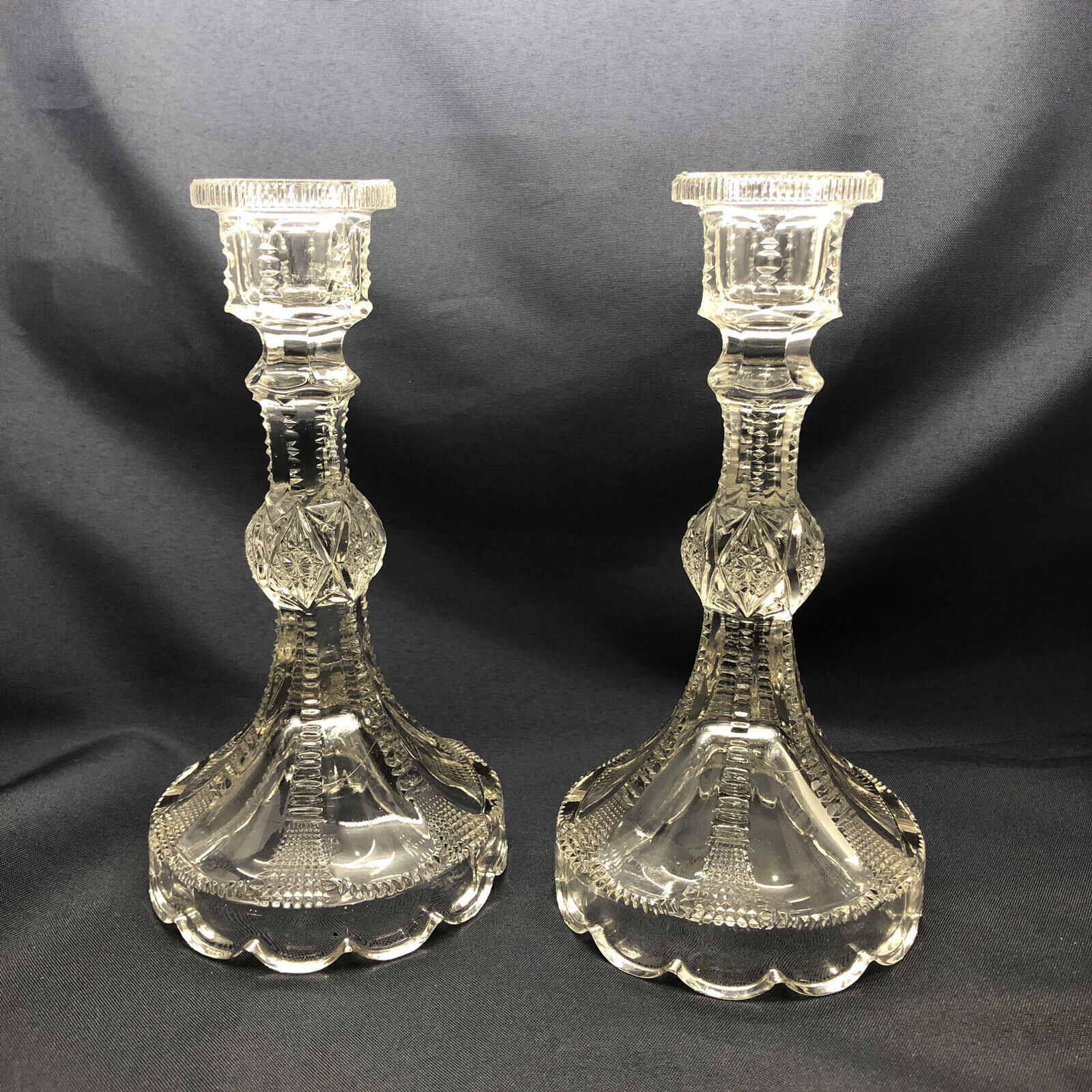 Pair of Antique Clear  Glass Candlesticks Westmorland Specialty Co #240 C. 1906