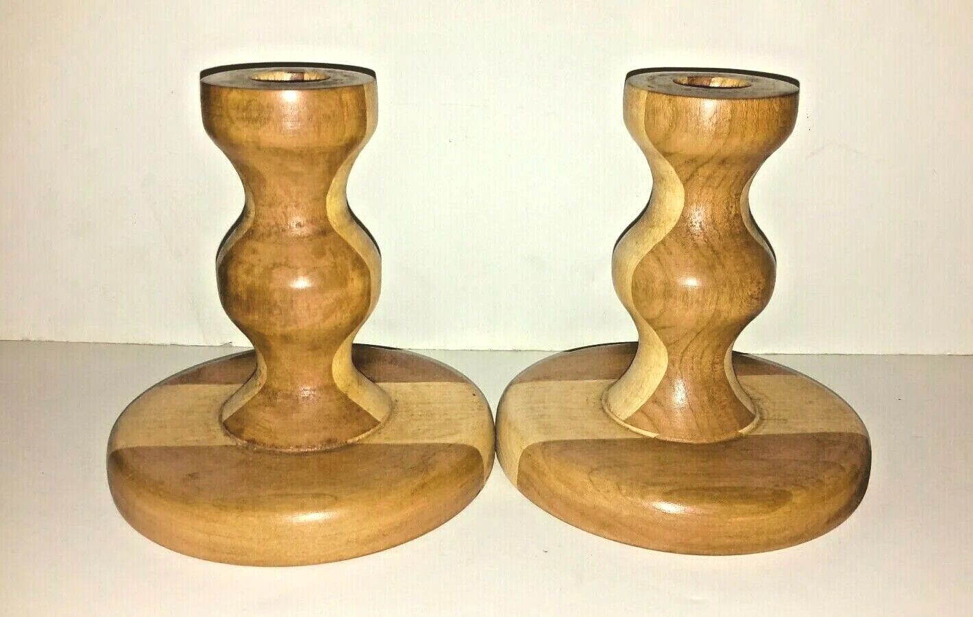 2 Teak Wood Candle Holders Two Tone Signed Ron Tuttle 4.5\