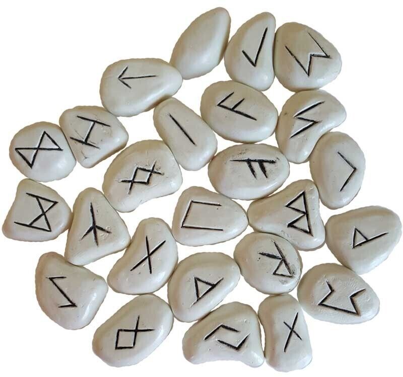 25pc White Resin Rune Stones Set Norse Elder Futhark Tiles Ritual Divination