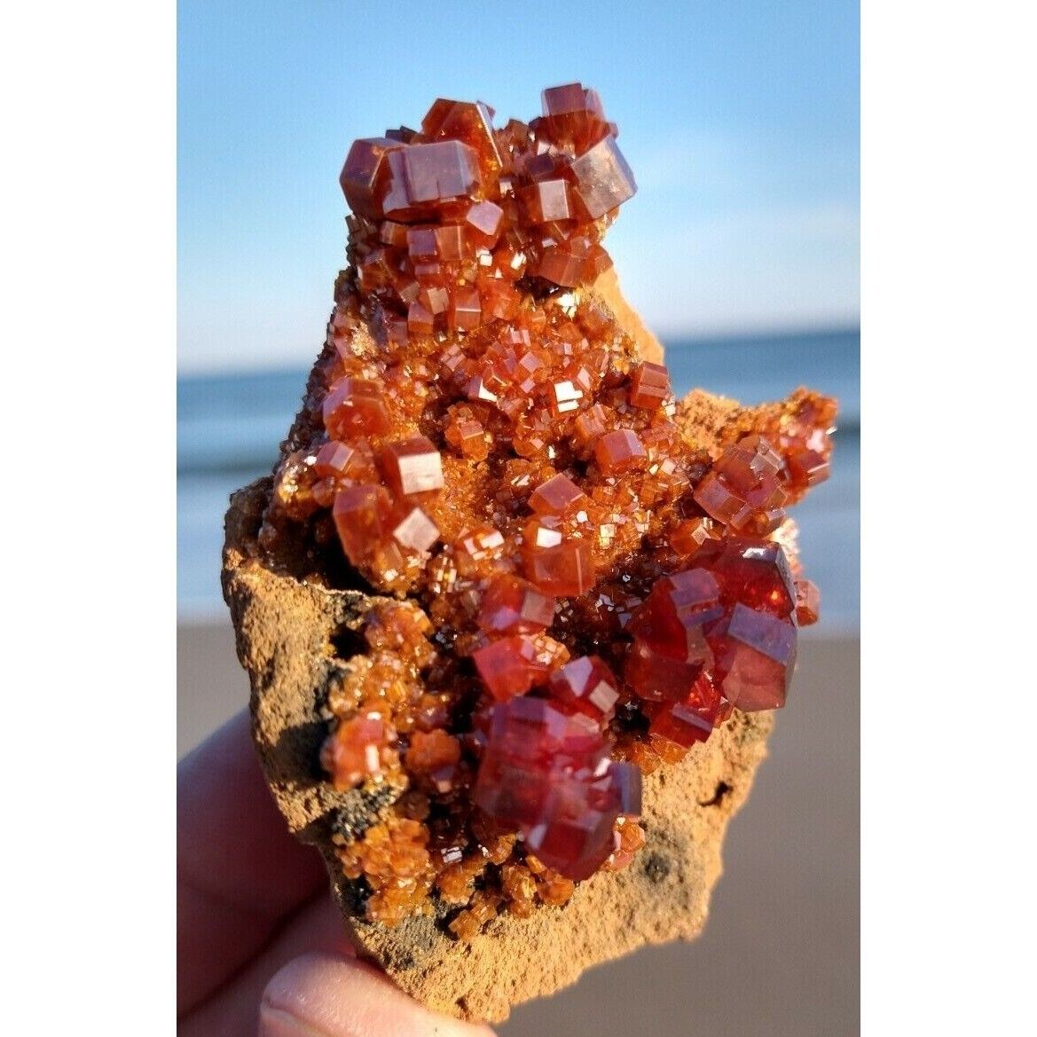 Red Lustrous Vanadinite Crystals On Matrix From Morocco
