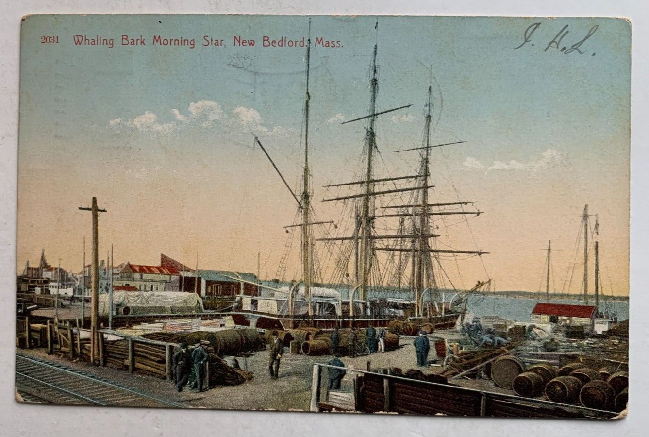 1907 MA Postcard New Bedford MA Whaling Bark Morning Star sailing ship at dock