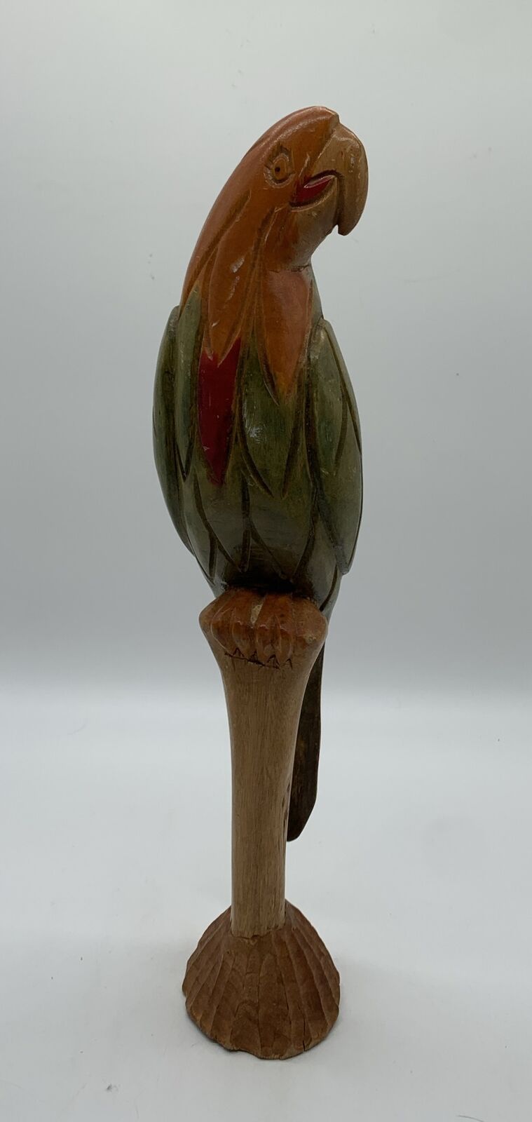Vtg Hand Carved Hand Painted 16” Parrot Perched on Branch Tropical Rain Forrest