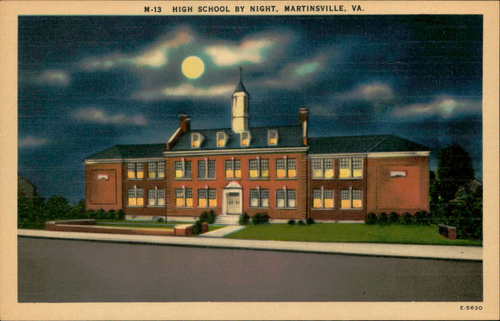 Postcard: M-13 HIGH SCHOOL BY NIGHT, MARTINSVILLE, VA. E-5630