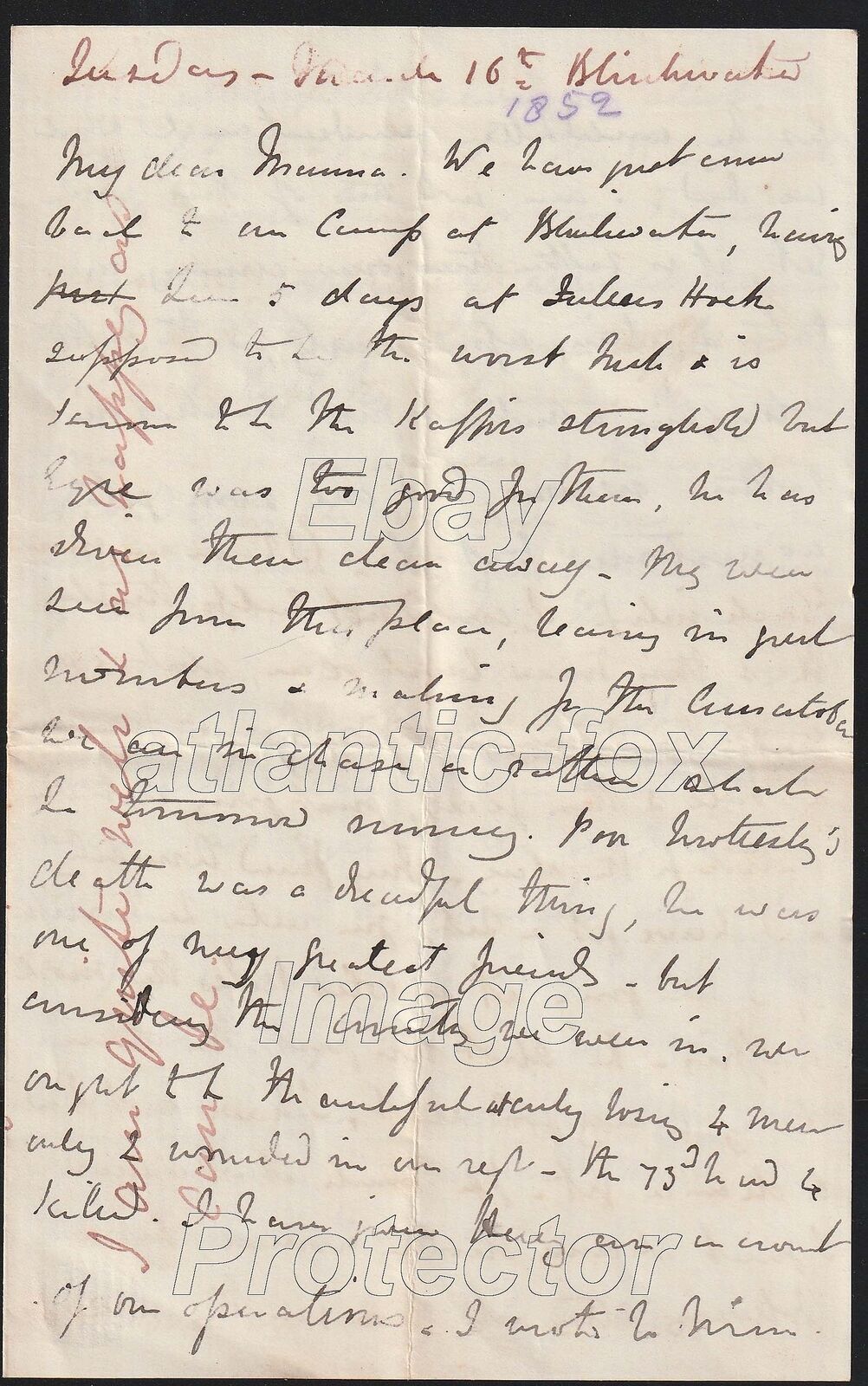 1852 RARE KAFFIR WARS, Campaign letter Ensign ARTHUR E. V. PONSONBY 43rd Regt