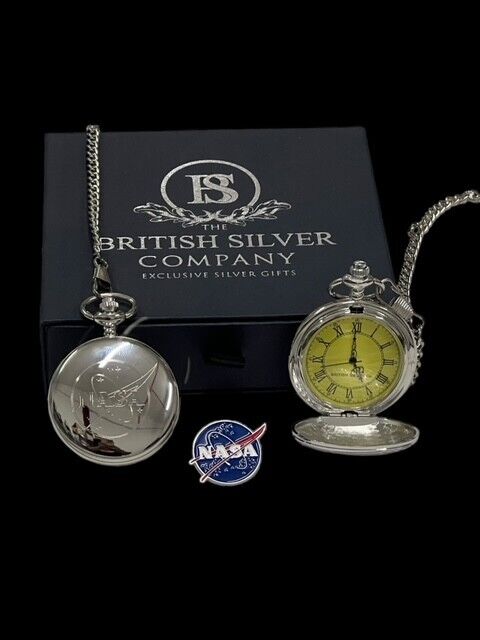 NASA Silver Pocket Watch Lapel Pin Space Mission Agency Shuttle Apollo Gift Set