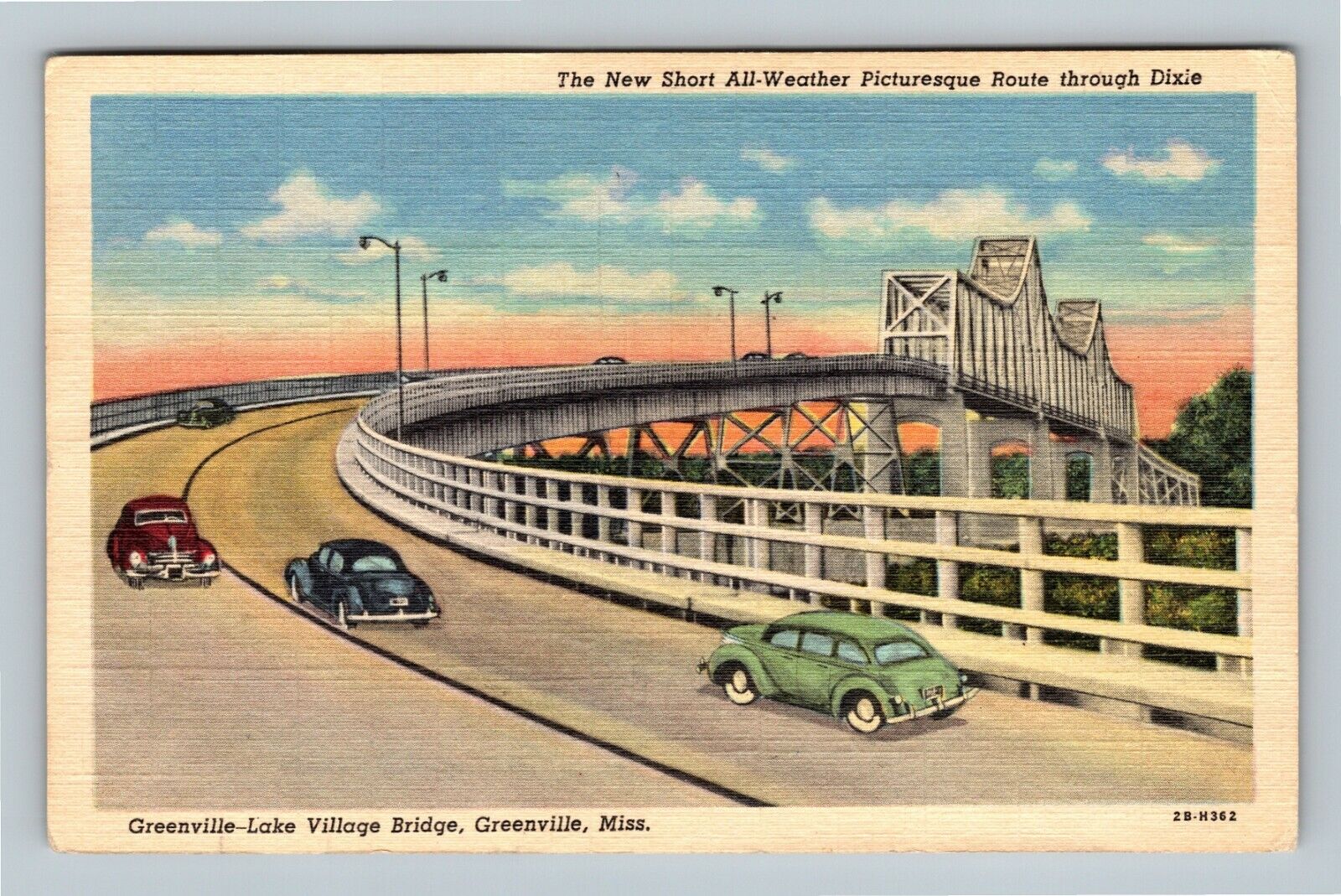 Greenville MS Sunset View Lake Village Bridge River Mississippi Vintage Postcard