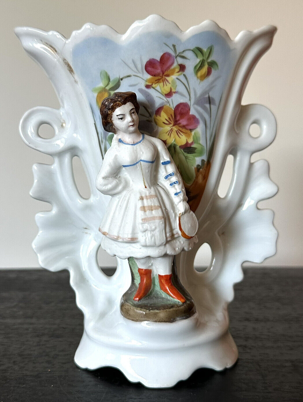 Antique Edwardian 1900s bisque girl with pansies match spill vase ASIS
