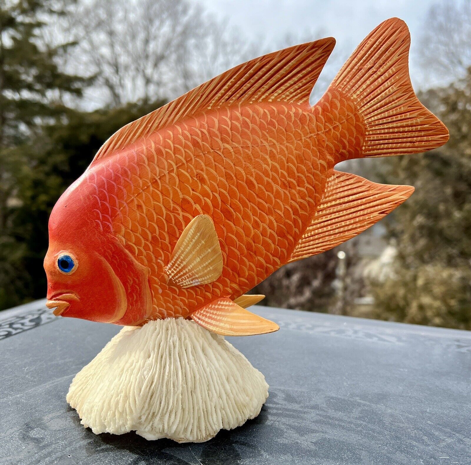 Hand Carved Wooden Blood Red Parrot Cichlid Fish On Faux Coral Base -  8 x 9 in