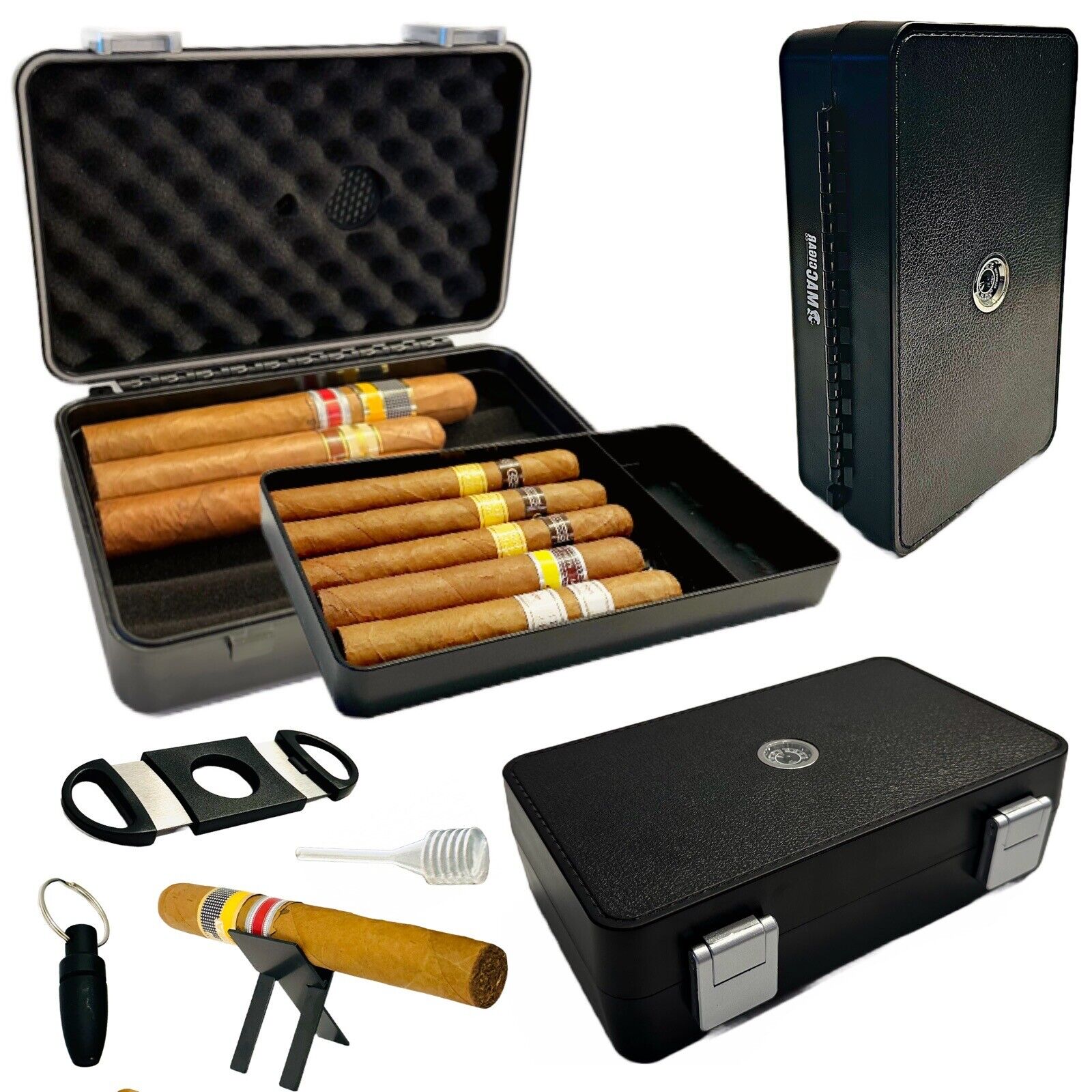 Cigar Case Travel Humidor Double Layer 10 Cigar Case Cutter Hole Puncher Stand