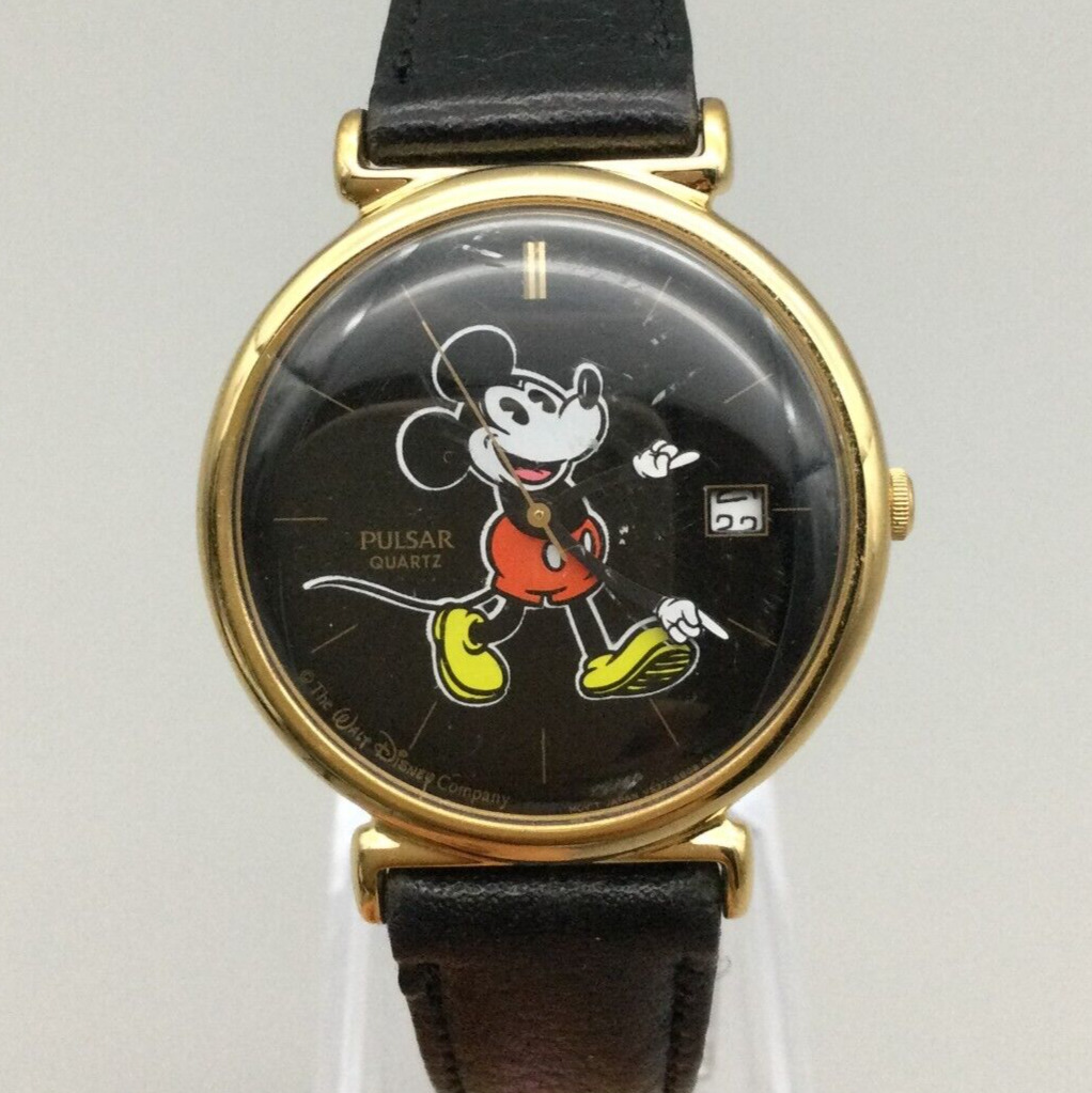 Vtg Pulsar Mickey Mouse Watch Unisex 33mm Gold Tone Date Leather New Battery