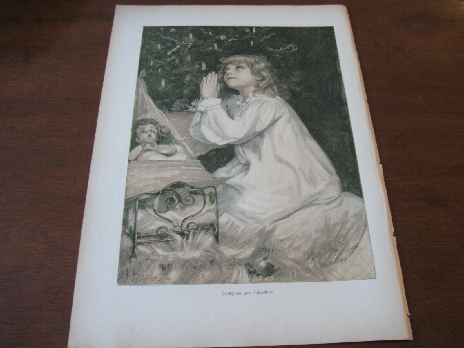 c. 1899 Art Print - CHILD w DOLL TOY Praying at CHRISTMAS TREE Ornament Candle