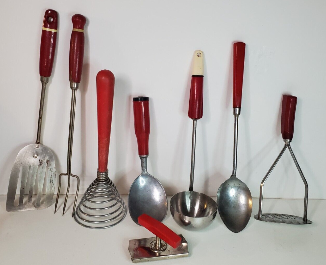 Vintage Red Handle Kitchen Utensils Set of 8 Mixed Lot Wood & Plastic A&J Edlund