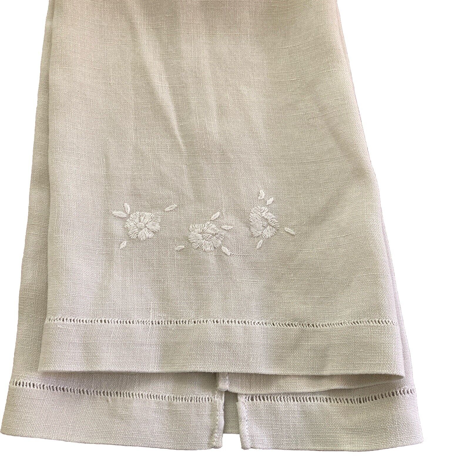 Vintage White On Gray Hand Embroidered Flowers, Pulled Thread Linen Guest Towel