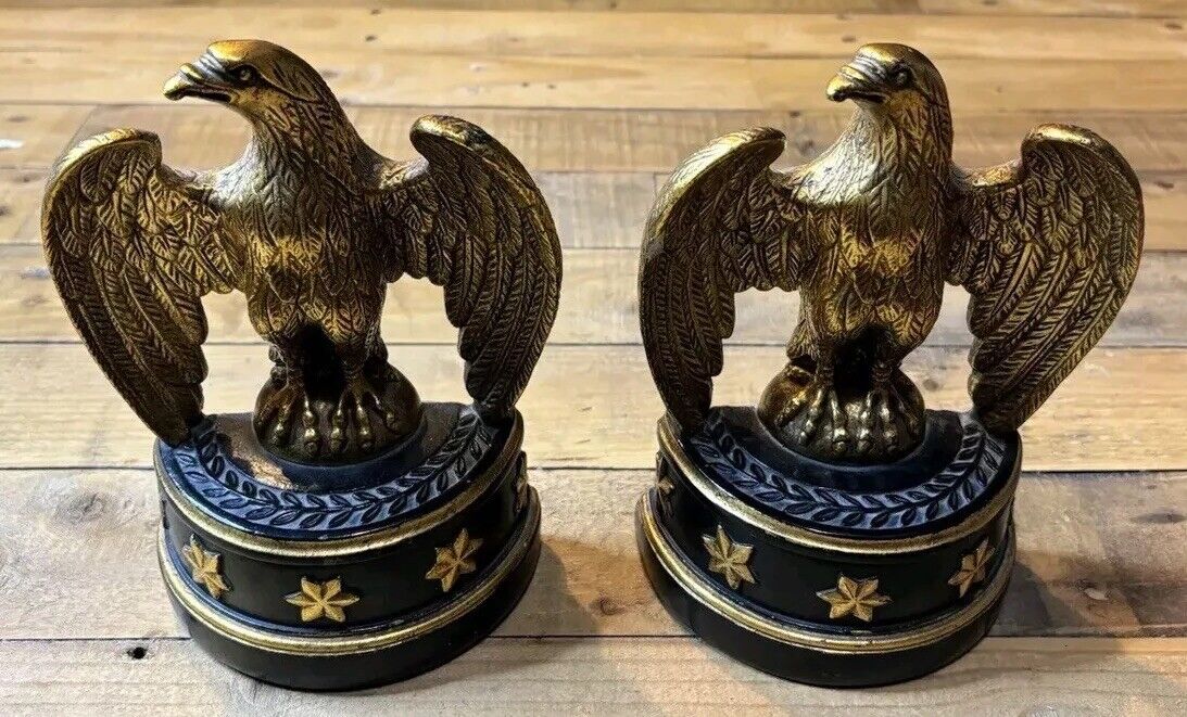 Vintage Set of Borghese Gilded Eagle Bookends, Gold And Black, Patriotic
