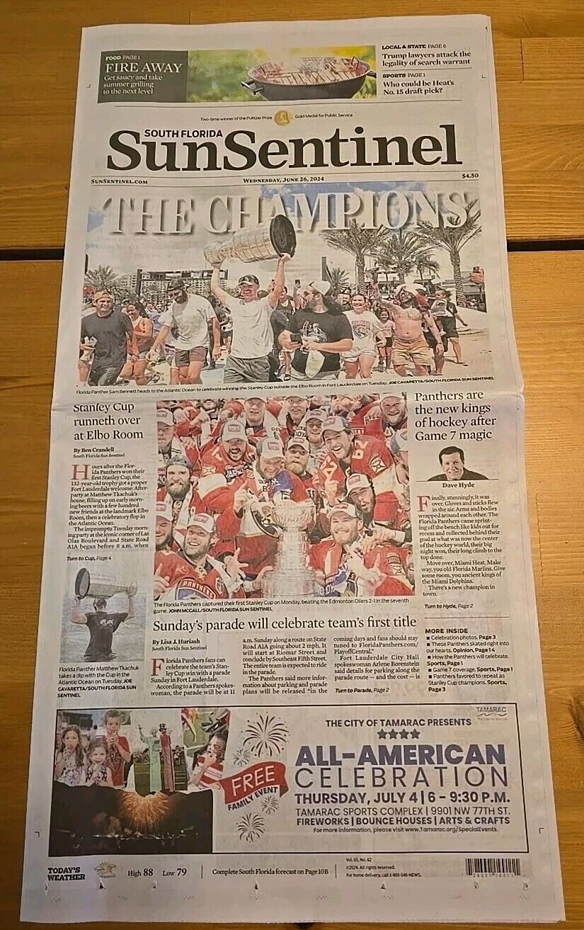 Front Page FLORIDA PANTHERS 2024 Stanley Cup Champions Ft. Lauderdale Newspaper