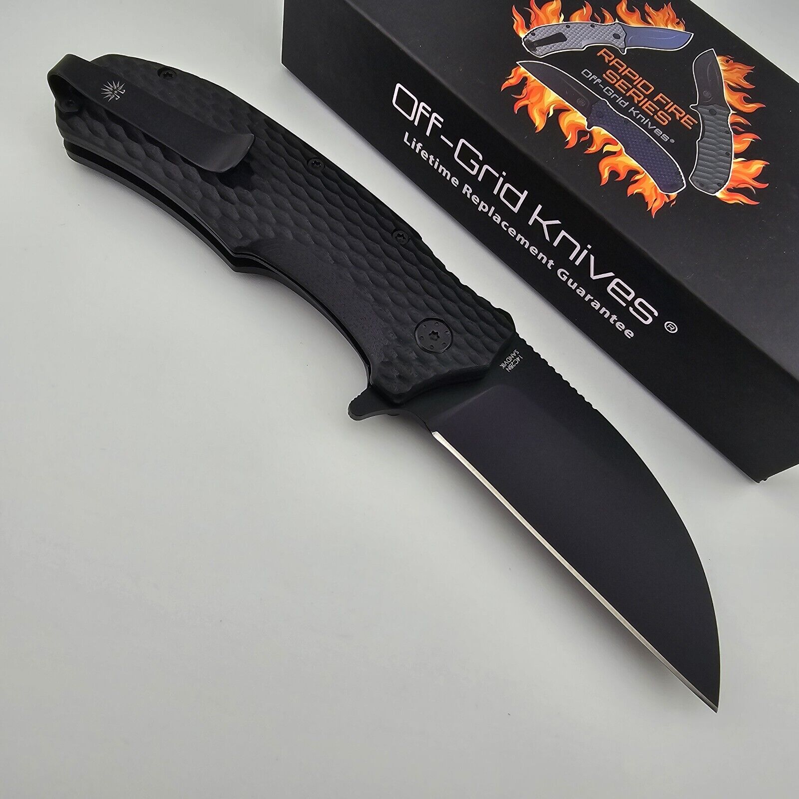 Off Grid Knives Rapid Fire Wharncliffe Folder 14C28 Blade Black G10 Handles