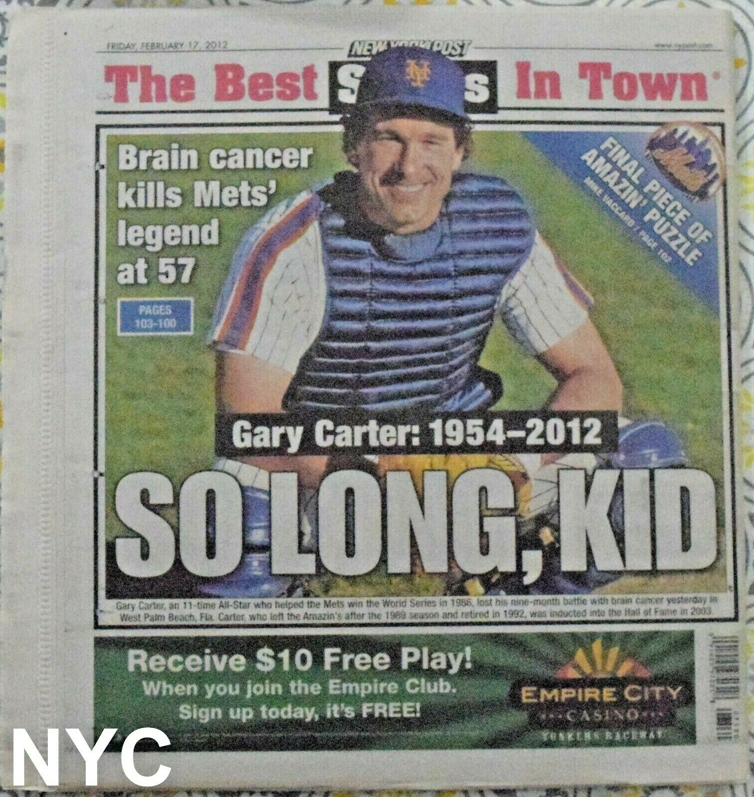 Gary Carter Dead New York Post February 17 2012 🔥