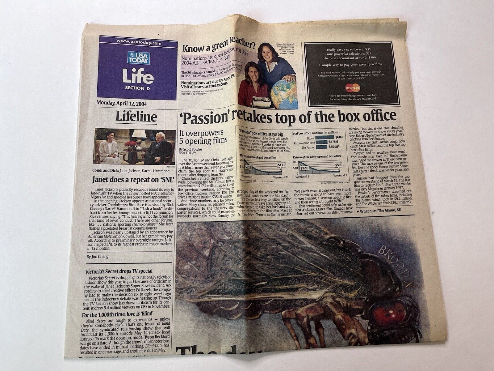 USA Today Life Section D Newspaper April 12 2004 Passion Movie, Cicada, Trump