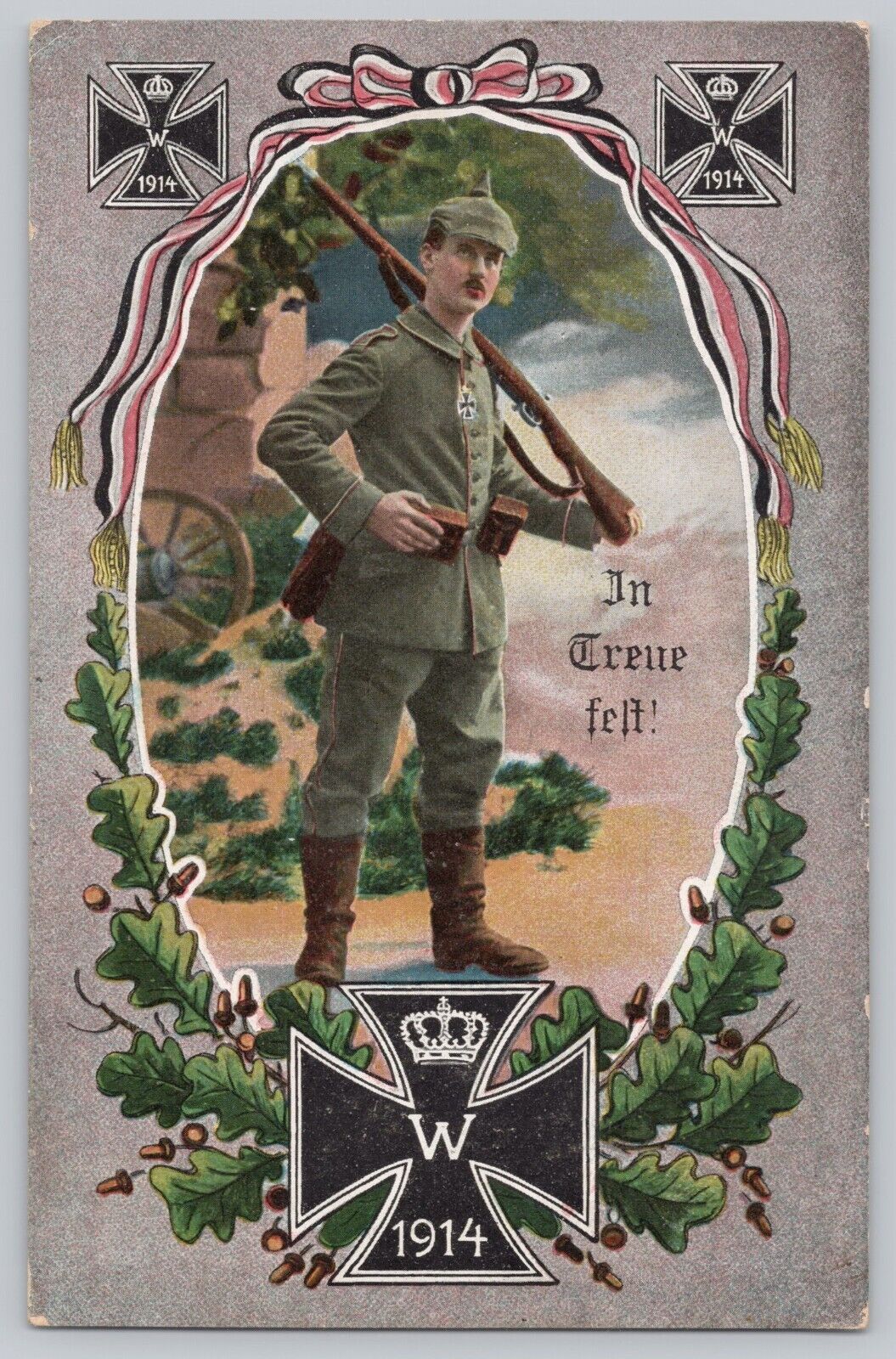WWI German Propaganda Postcard Iron Cross Imperial Flag Oak Leaf Feldpost