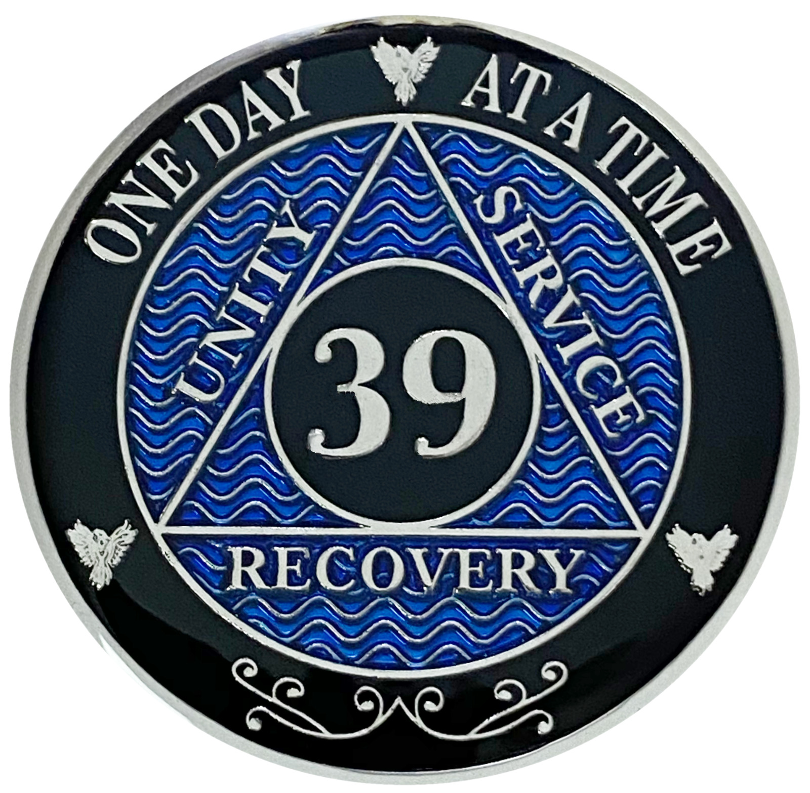 AA 39 Year Coin Blue, Silver Color Plated Medallion, Alcoholics Anonymous Coin