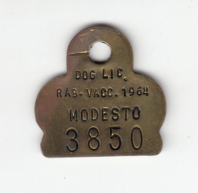 1964 MODESTO (CALIFORNIA) RABIES VACCINATED DOG LICENSE TAG #3850