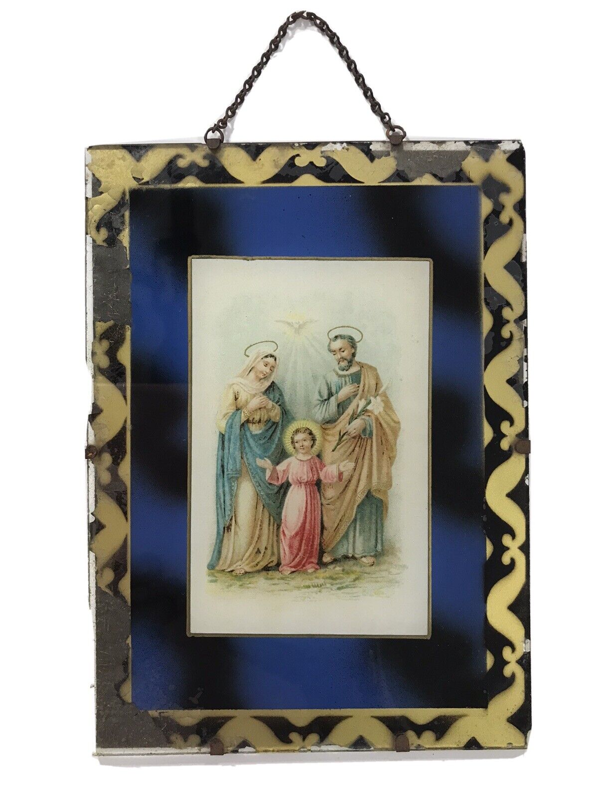 Antique Reverse Glass Painting Sacred Jesus,Mary and Joseph-Cobalt Blue Edge 5X7