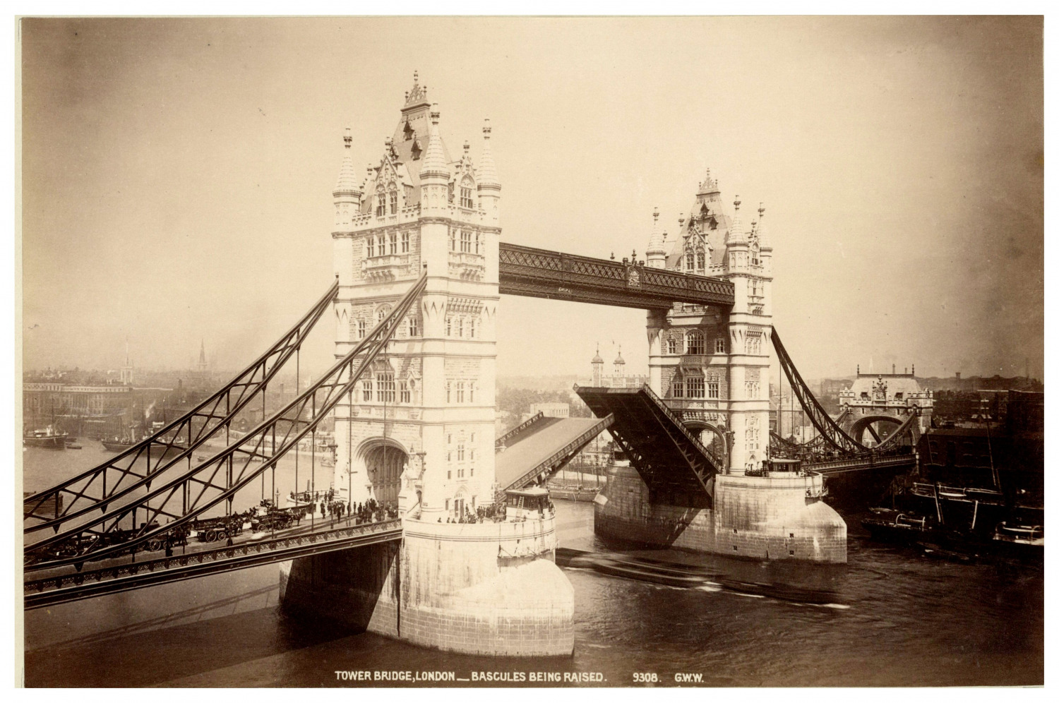 England, London, Tower Bridge, bascules being raised, photo. G.W.W. Vintage Prin
