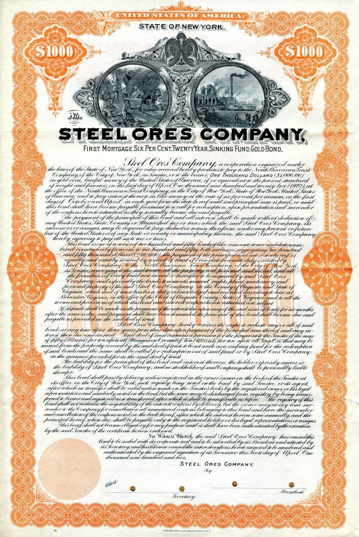 Steel Ores Co. - $1,000 Specimen Bond - Specimen Stocks & Bonds