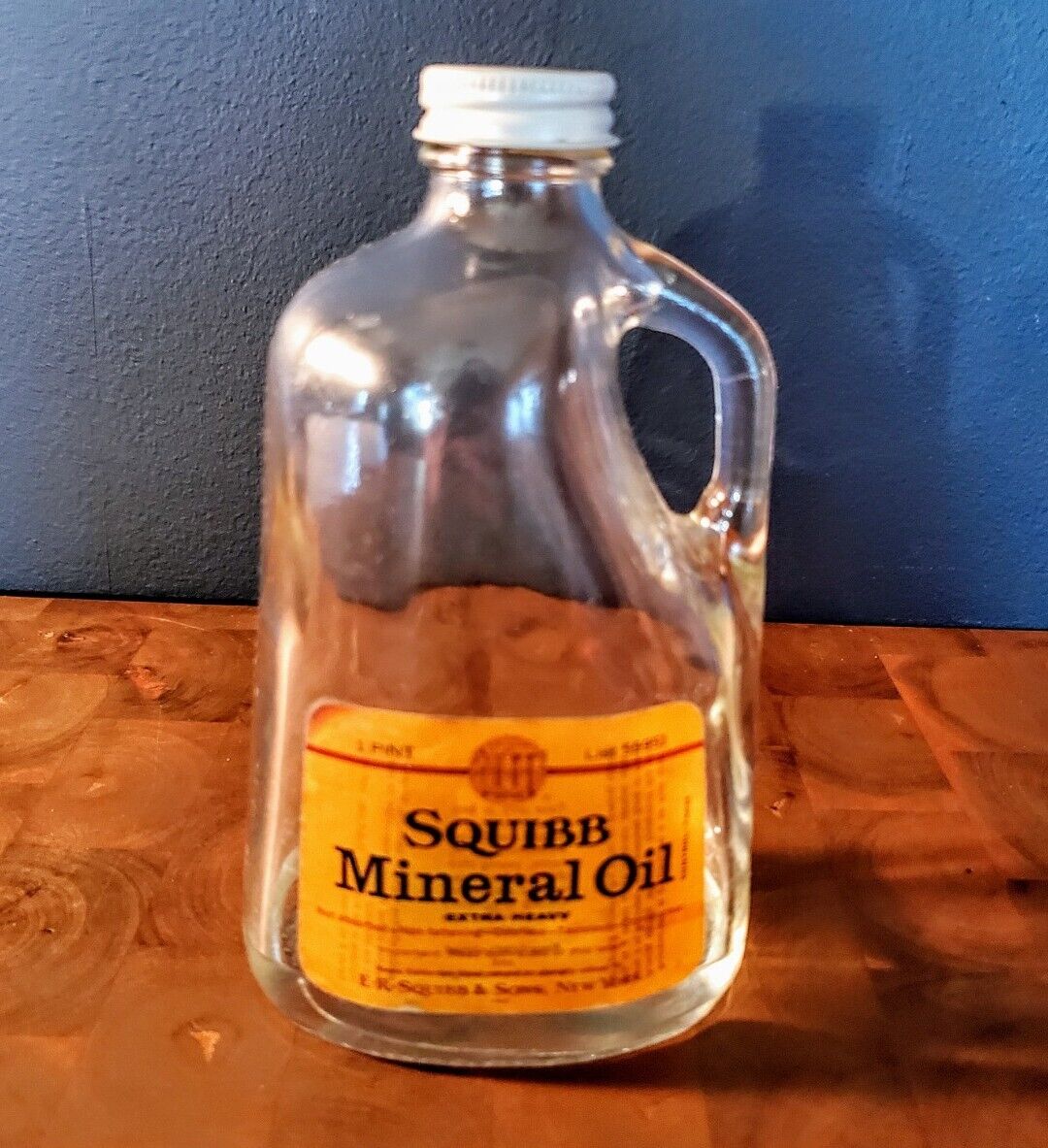 Vintage Squibb Mineral Oil Apothecary Clear Glass Bottle with Label 1 Pint 