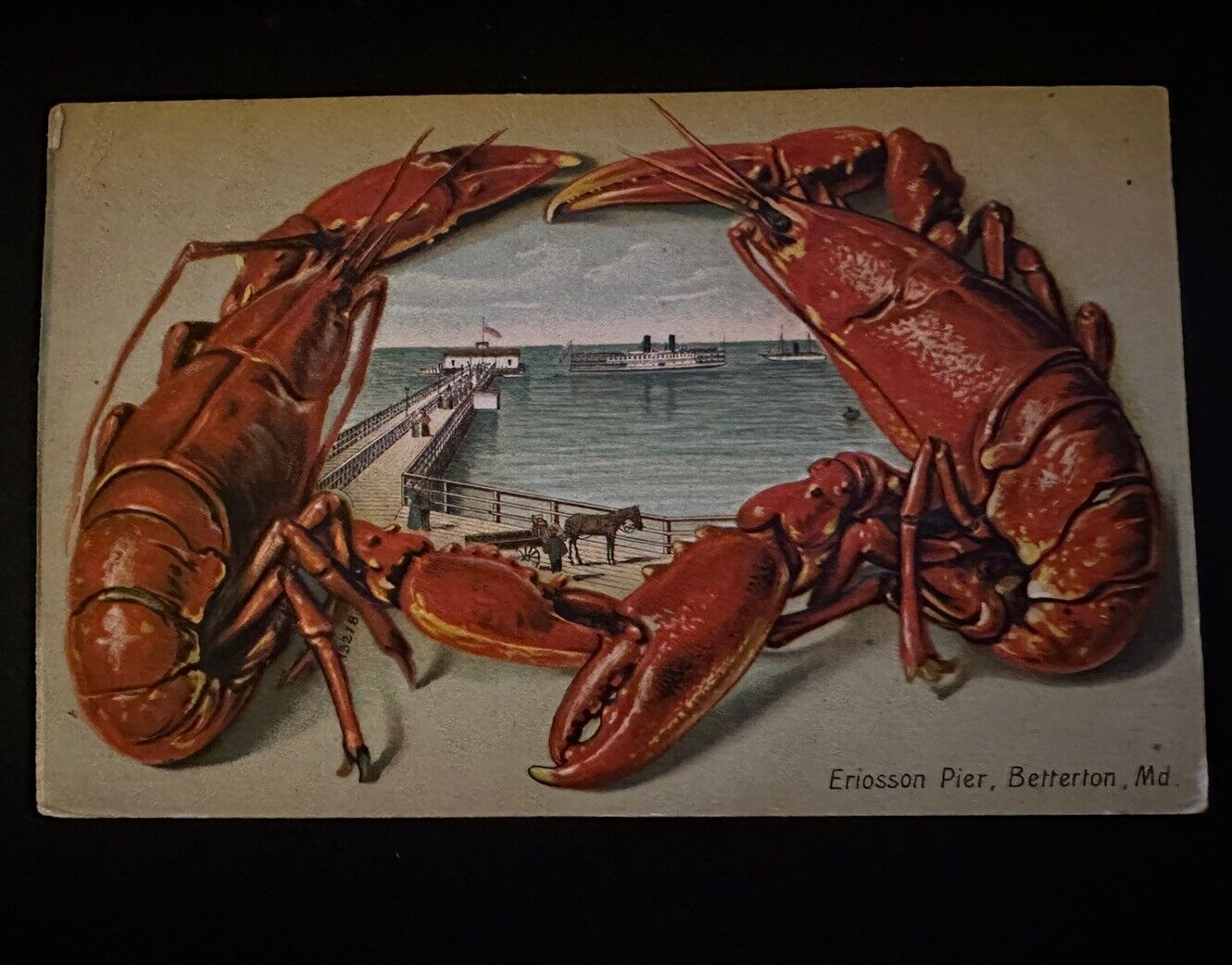 1907 Lobster Border~ERICSSON PIER ~ Novelty BETTERTON MD. Maryland Postcard~h578