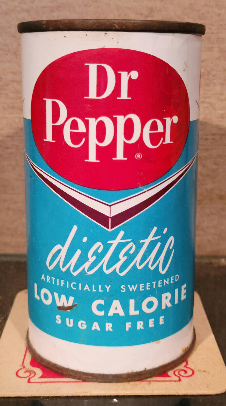 1960 1st DIETETIC DR PEPPER LOW CALORIE FLAT TOP SODA CAN VANITY LID DALLAS