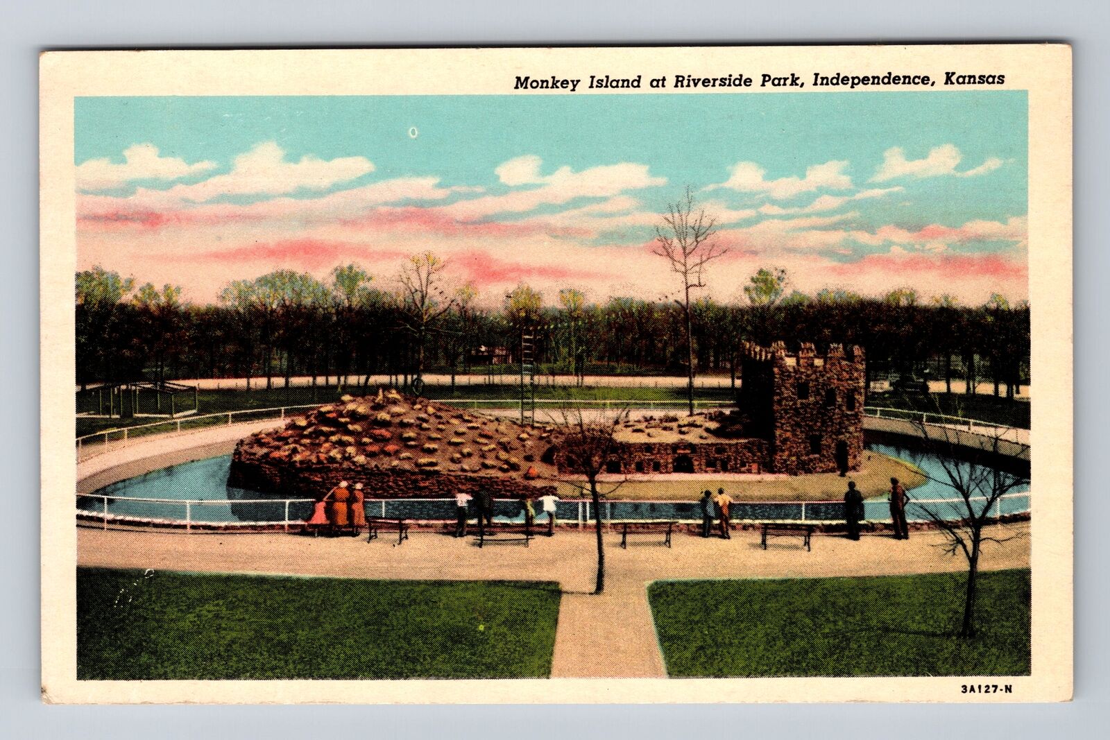 Independence KS-Kansas, Monkey Island Riverside Park, Antique Vintage Postcard