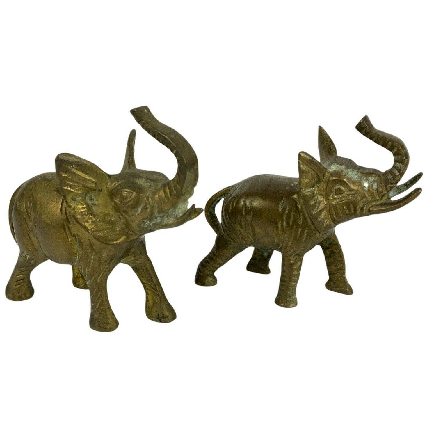 Elephant Figurines Antique Brass Set Of 2 Tusks Trunk Up Mid Century Patina